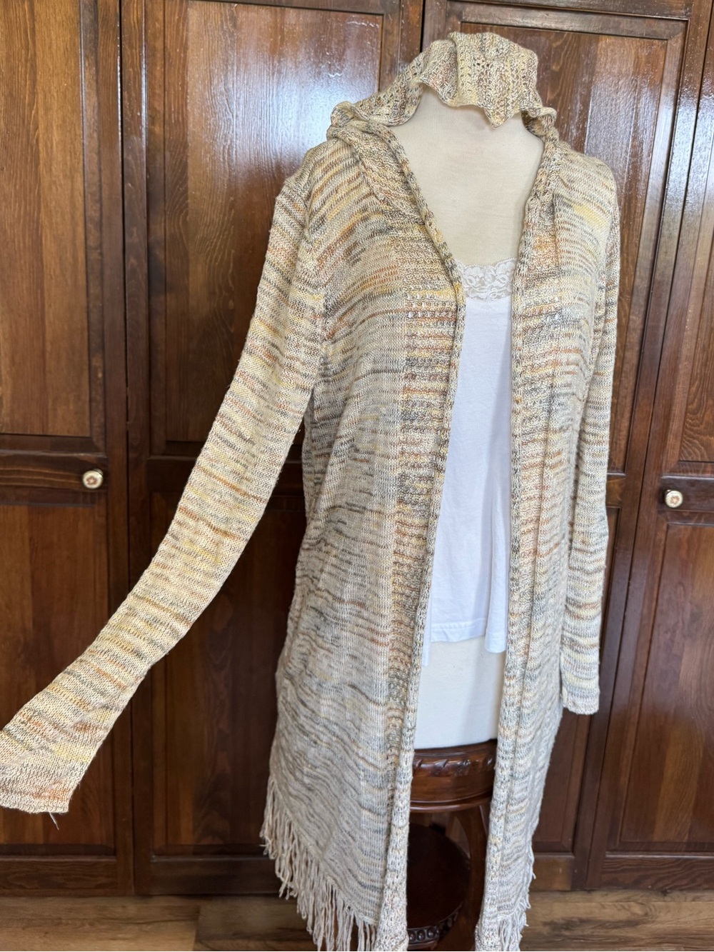 Space Dye Open Knit Cardigan Sweater Size XL Boho Hooded Duster Fall Cottagecore